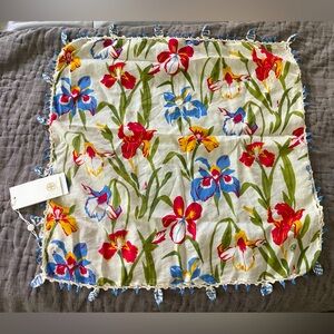 NWT Tory Burch Floral Square Scarf Fringe Iris Neckerchief Cotton Silk India HTF